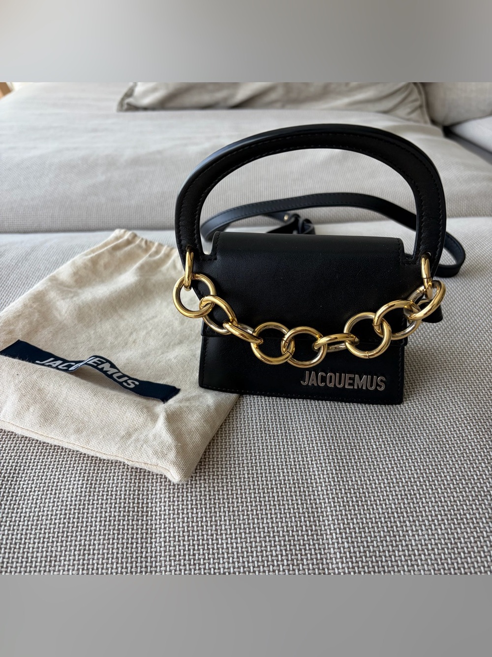 Jacquemus Black Leather Mini Top-Handle Bag with Gold Chain